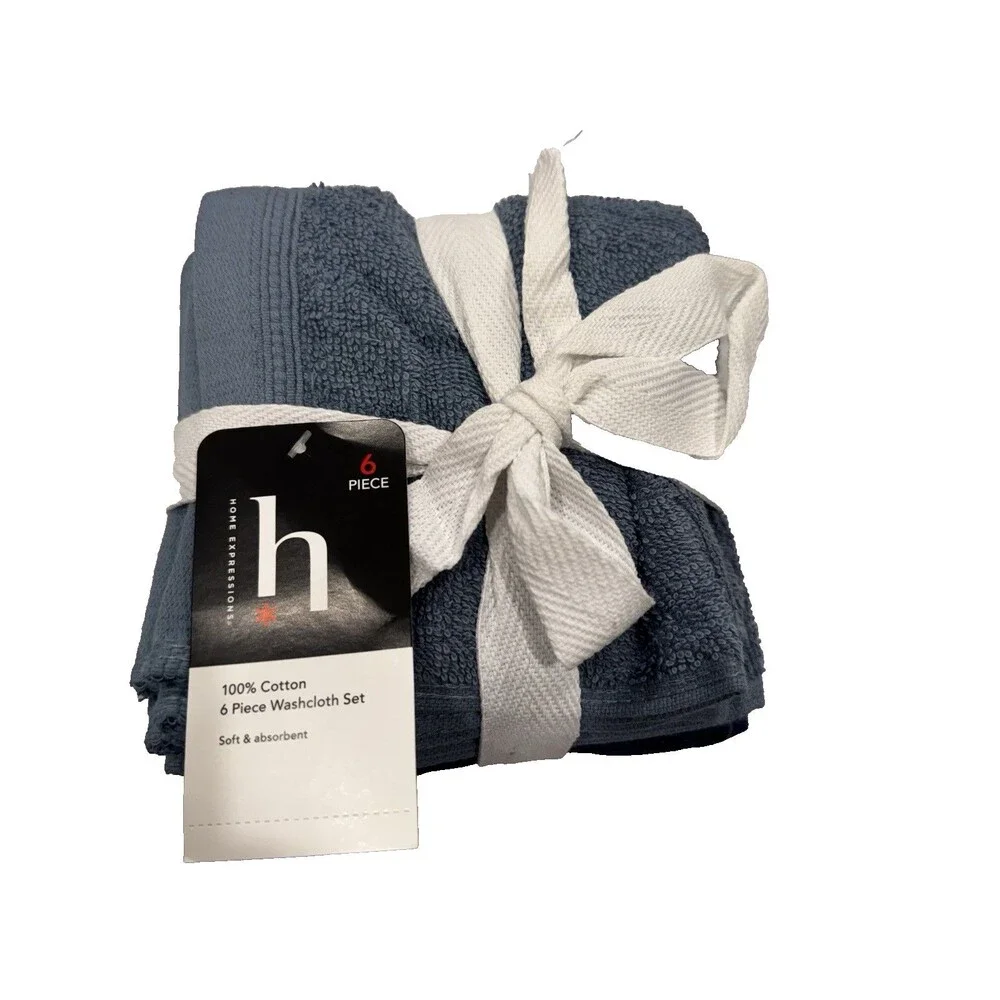 New Home Expressions Blue Navy Cotton Wash Cloths Set of 6